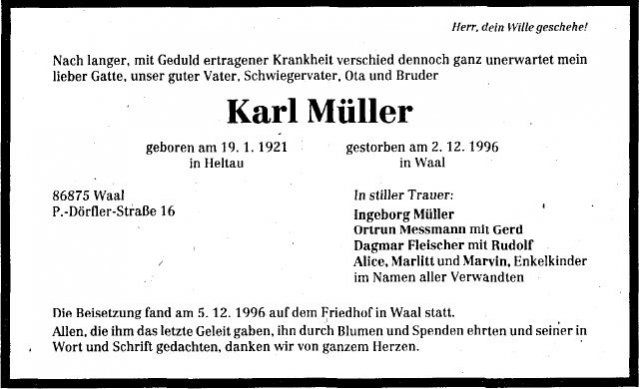 Mueller Karl 1921-1996 Todesanzeige